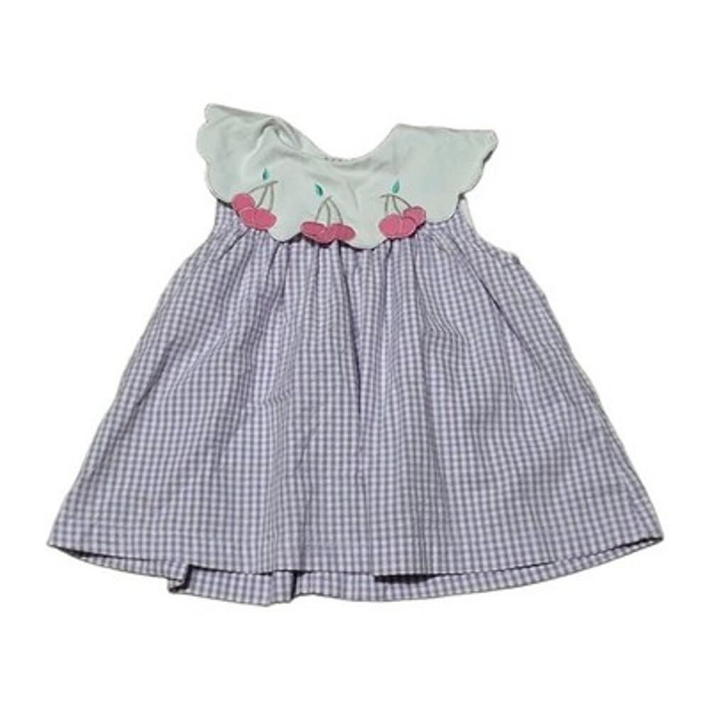 Vintage Gingham Cherry Dress Size 18m Collared Purple White Checker Cottagecore